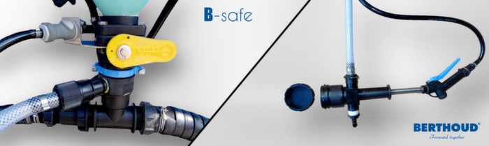 5 Berthoud B-Safe. Une incorporation sécurisée des produits phytosanitaires. Le produit est intégré dans le circuit de bouillie par aspiration. L’opérateur n’est plus en contact avec le produit de traitement. 