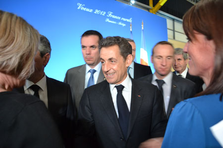 Le président de la République Nicolas Sarkozy à Pamiers, en Ariège, le 17 janvier 2012 pour présenter ses vœux au monde rural. Photo : Florence Jacquemoud/GFA.