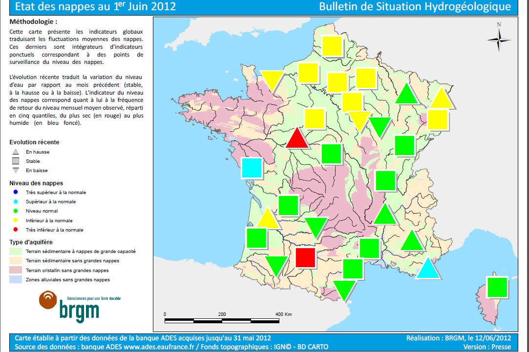 Etat des nappes souterraines en France au 1er juin 2012 (BRGM)