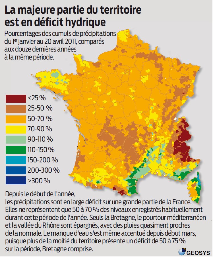 Carte élaborée par Geosys : cumul des précipitations en France du 1er janvier au 20 avril 2011