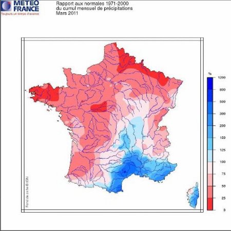 Rapport aux normales 1971-2000 du cumul des précipitations - Mars 2011