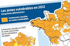Détail de la carte des zones classées comme vulnérables au regard de la directive nitrates en 2012 et communes classées en 2007