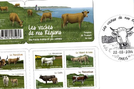 Oh la vache ! un carnet en trois volets de 12 timbres édités par La Poste à l'occasion du Salon de l'agriculture