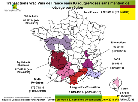 Vins de France rouges/rosés sans mention de cépage par région